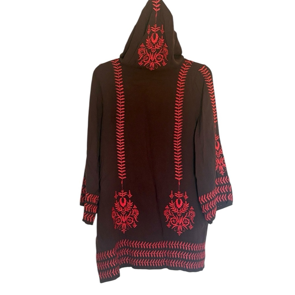 Ivy Jane boho hooded tunic with beautiful embroidery, brown with orange , size M